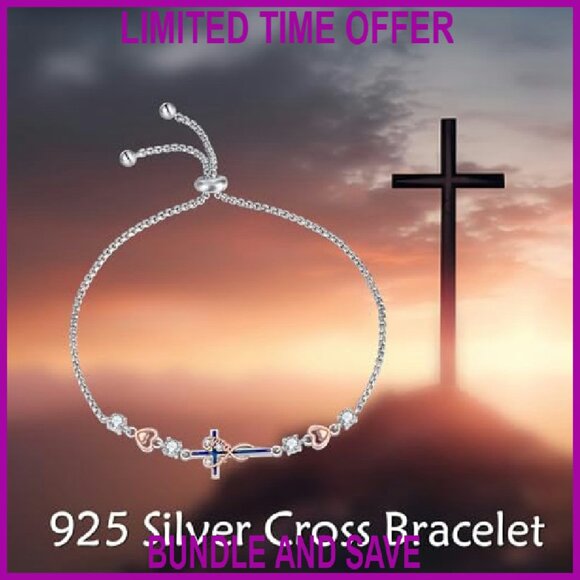 Sterling Silver Sideways Cross Bracelet Adjustable Chain Religious Jewelry - Picture 7 of 8